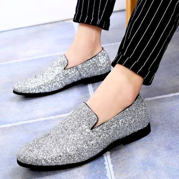 Glitter men’s slip on loafers silver size 14 /47 - Picture 1 of 12